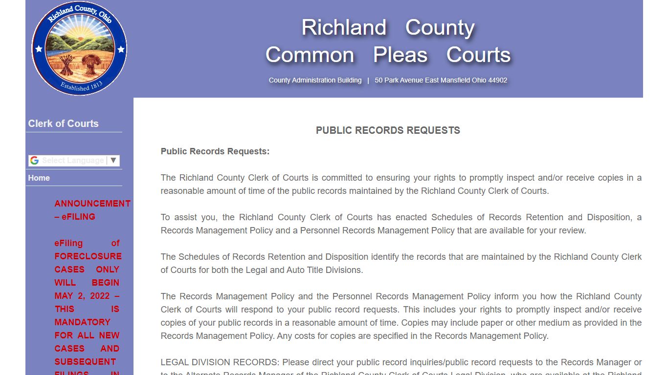 Public Records Request - Richland County Courts